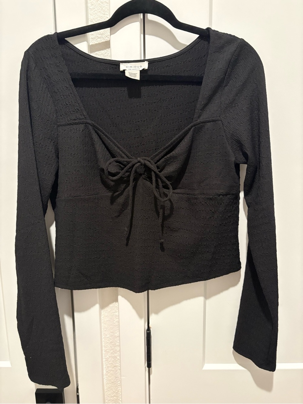 Kirious Black Long-Sleeve Tie-Front Square Neck Top